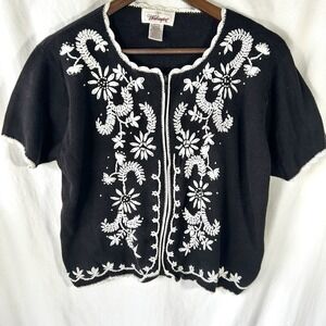 Vintage Worthington Petite Large Black Cardigan Short Sleeve Embroidered Cottage